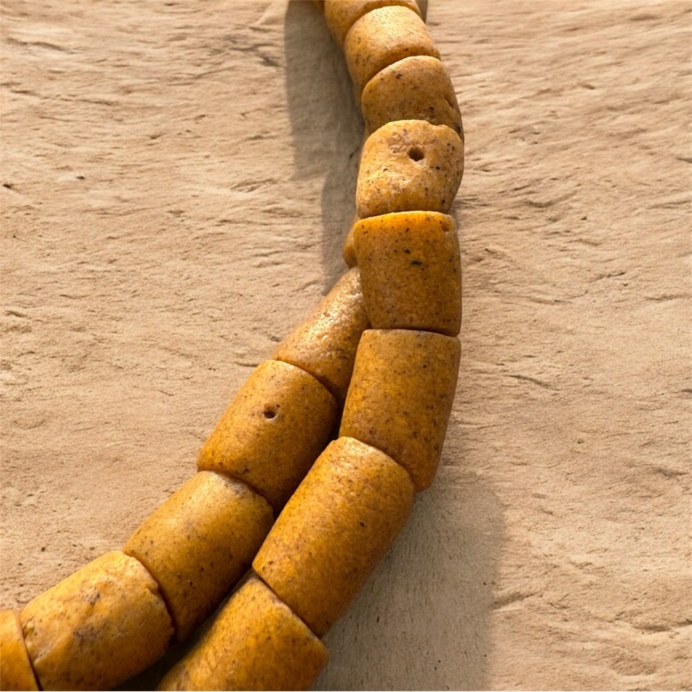 Vintage African Powdered Glass Trade Bead Strand Mustard Yellow - 70 Beads - Picture 3 of 4